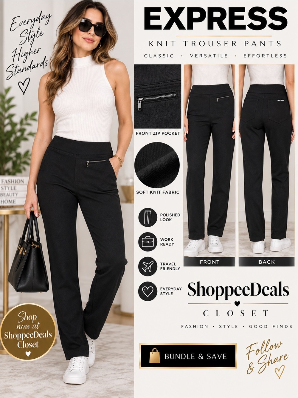 Express Knit Trouser Pants Black Front Zip Pocket